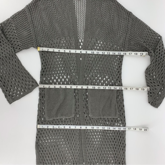 Minkas Taupe Mesh Knit Open Front Long Cardigan with Pockets, Small - Picture 14 of 16